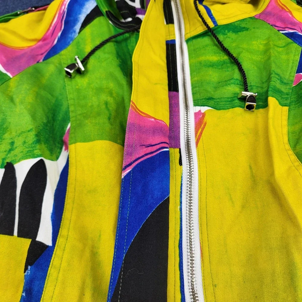 Berek Abstract Art Zip Up Jacket XL Yellow Green Rhinestone Bell Sleeve Cotton